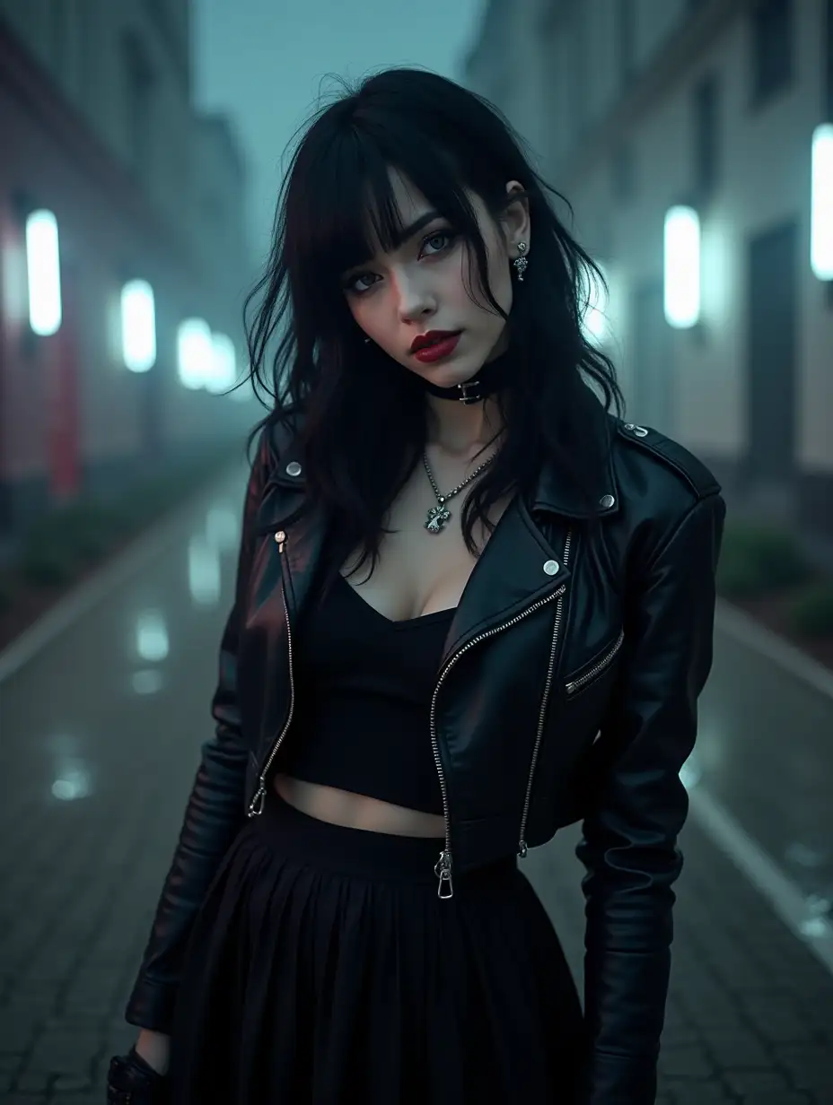 sexy gothic girl, portrait, black hair, soft pale skin, gothic make up, lips, grey-blue eyes, black leather jacket, black t-shirt, long black skirt, boots, jewelry, model posing, flirting with the camera, gothic background, gothic city, led clouds, atmospheric, dynamic angle shot