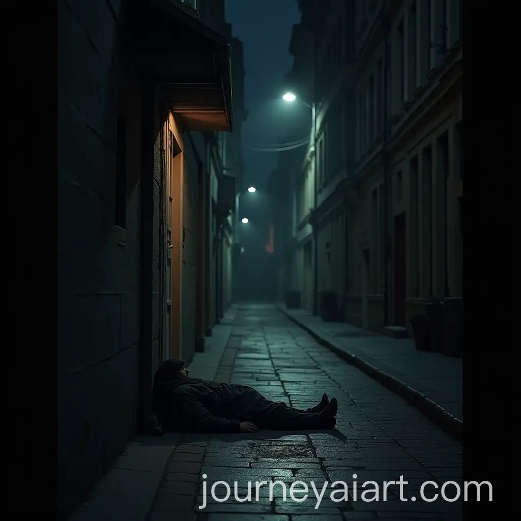 Homeless-Person-Lying-in-a-City-Alley-at-Night