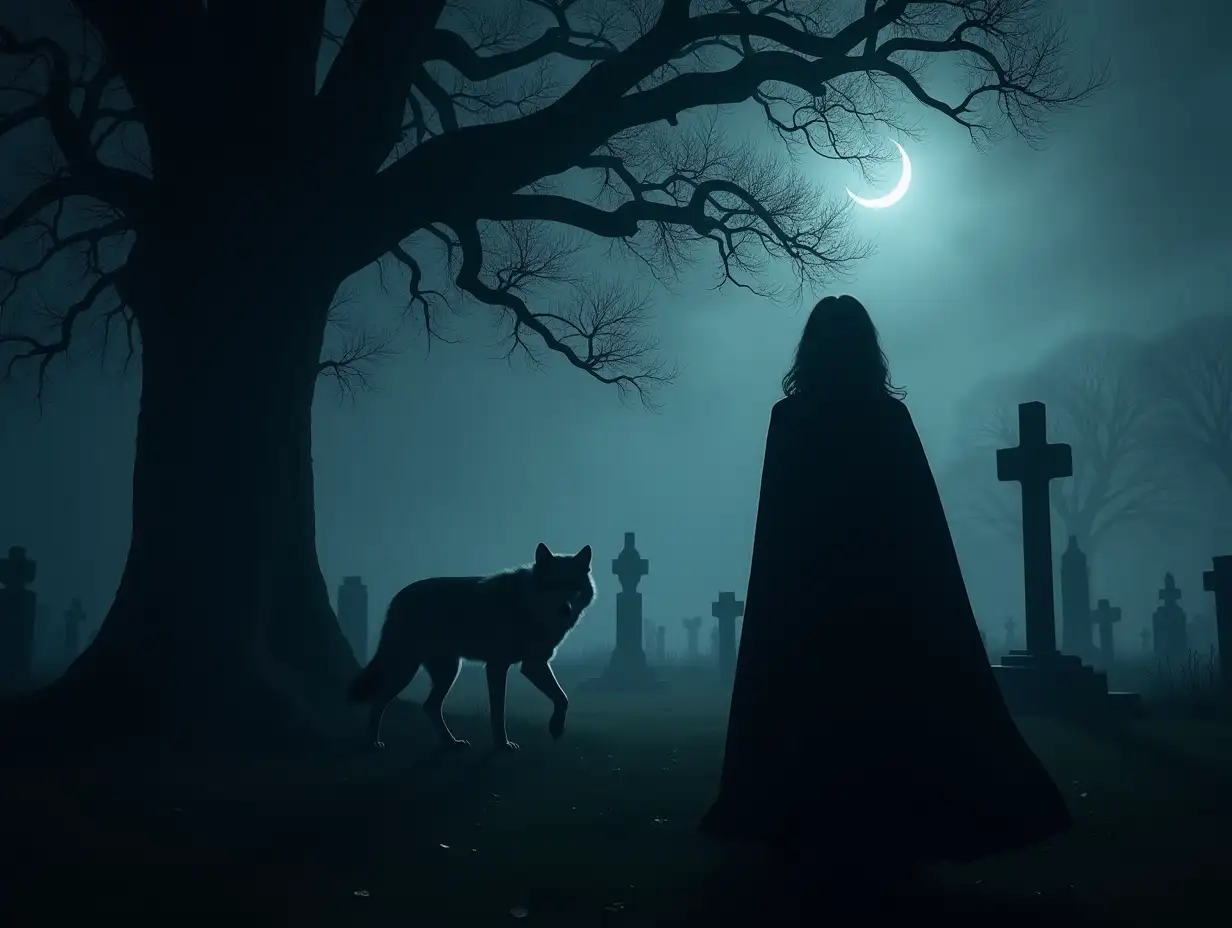 create image, of night in a dark and creepy old cemetery with an oak tree, a woman's silhouette viewed from behind weakly lit, wearing a large dark cloak wanders among the tombstones with some crosses leaning, a moonlight illuminates the scene, stormy sky, fog wraps the scene,  a wolf walks near the silhouette, a crescent moon is visible in the sky.