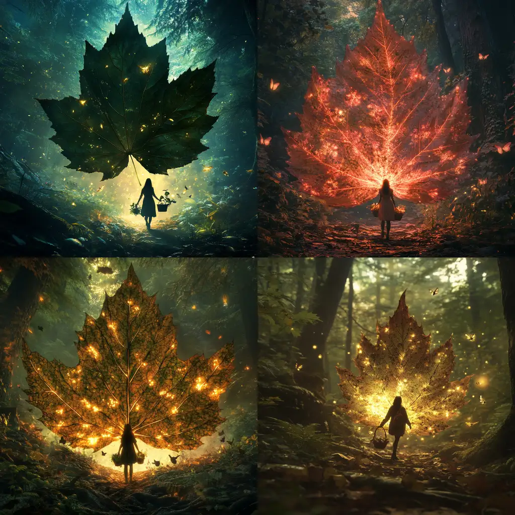 Woman-Collecting-Glowing-Plants-Inside-Colossal-Maple-Leaf-in-Ancient-Forest