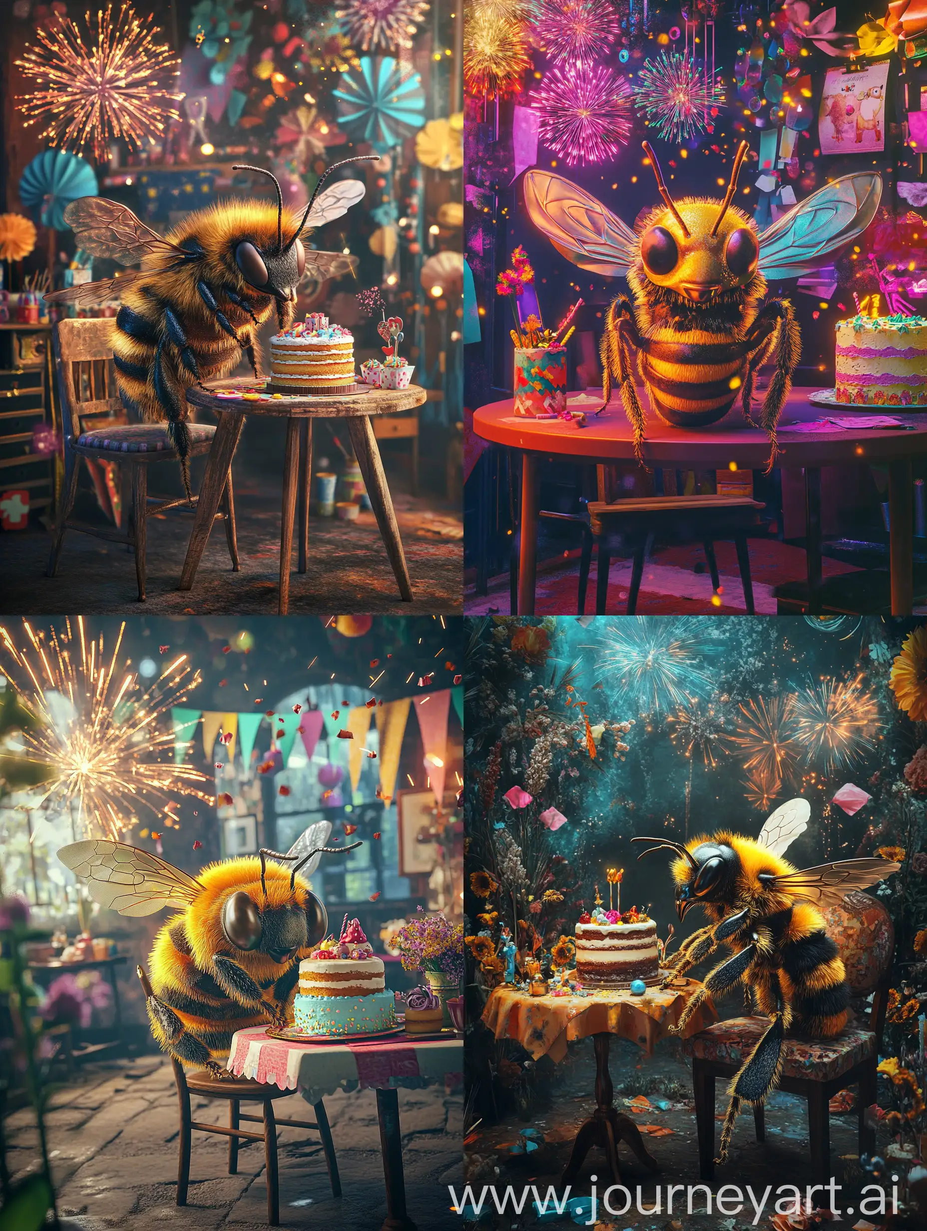 Realistic-Bee-Enjoying-Cake-Celebration-with-Fireworks