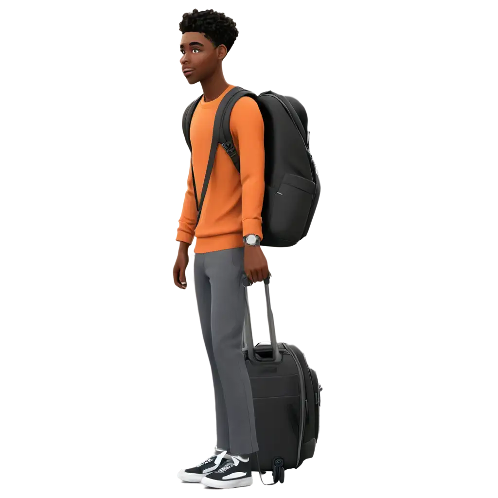 Generate a png image of black man in the airport with backpack  (Animated image)