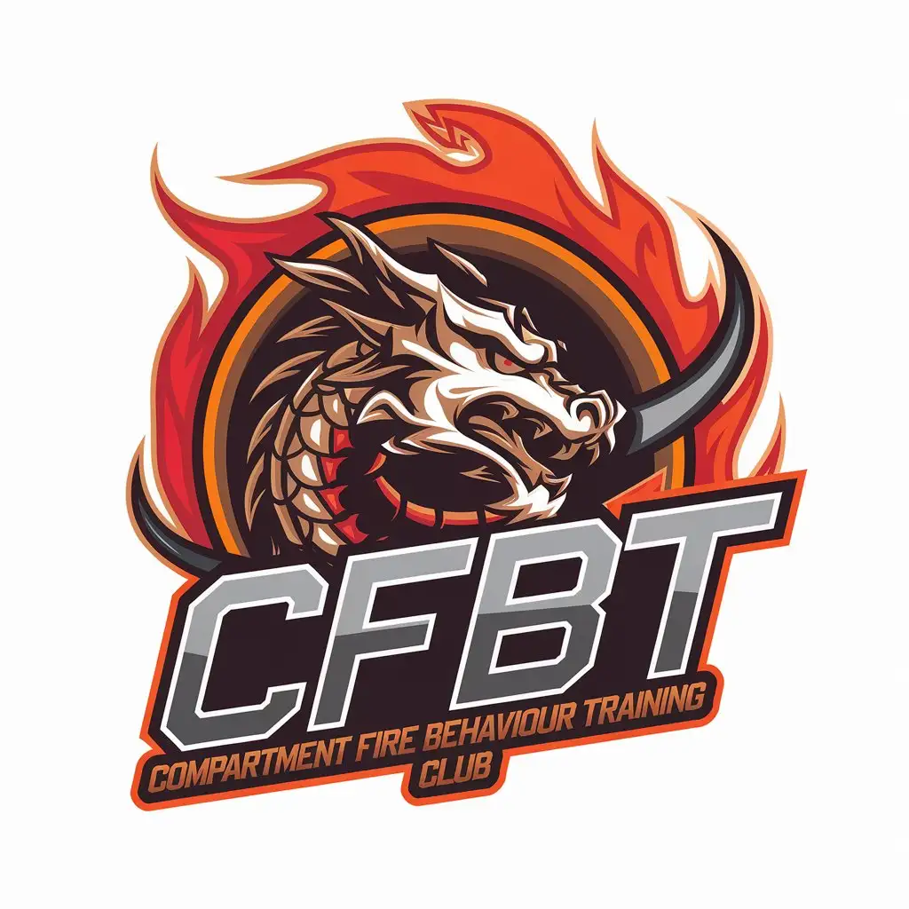 a vector logo design,with the text "CFBT", main symbol:Design a circular logo for a CFBT (Compartment Fire Behaviour Training) club. The background should be a dynamic mix of fiery tones, representing flames. At the center, feature a detailed dragon head with fierce, sharp eyes and intricate scales, symbolizing power, wisdom, and protection. Surrounding the dragon, incorporate stylized flames, elegantly weaving through the design, representing the danger and control associated with fire. The acronym 'CFBT' should be prominently displayed in bold, modern typography, integrated into the design, possibly curving along the inner edge of the circular border. The overall look should evoke strength, unity, and mastery over fire, with a balance between the dragon's power and the controlled flames. The color palette should include vibrant oranges, deep reds, and hints of dark gray or black for contrast and depth.,Moderate,be used in Nonprofit industry,clear background