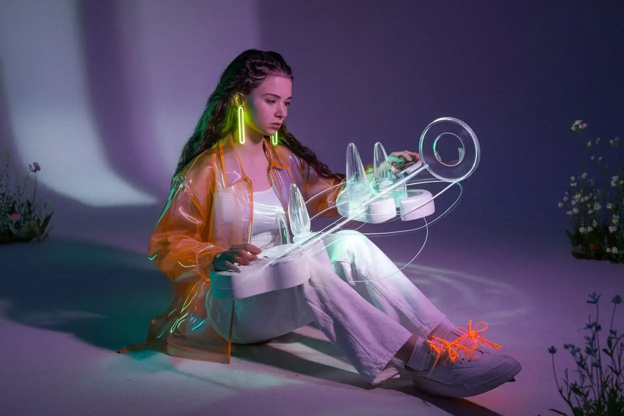 Neon White Woman Playing Futuristic Instruments in Dark Studio