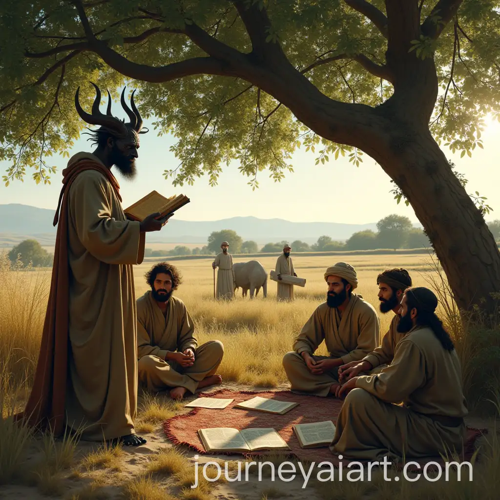 Demonic-Creature-Leader-Teaching-Torah-Under-Tree-in-Rural-Setting