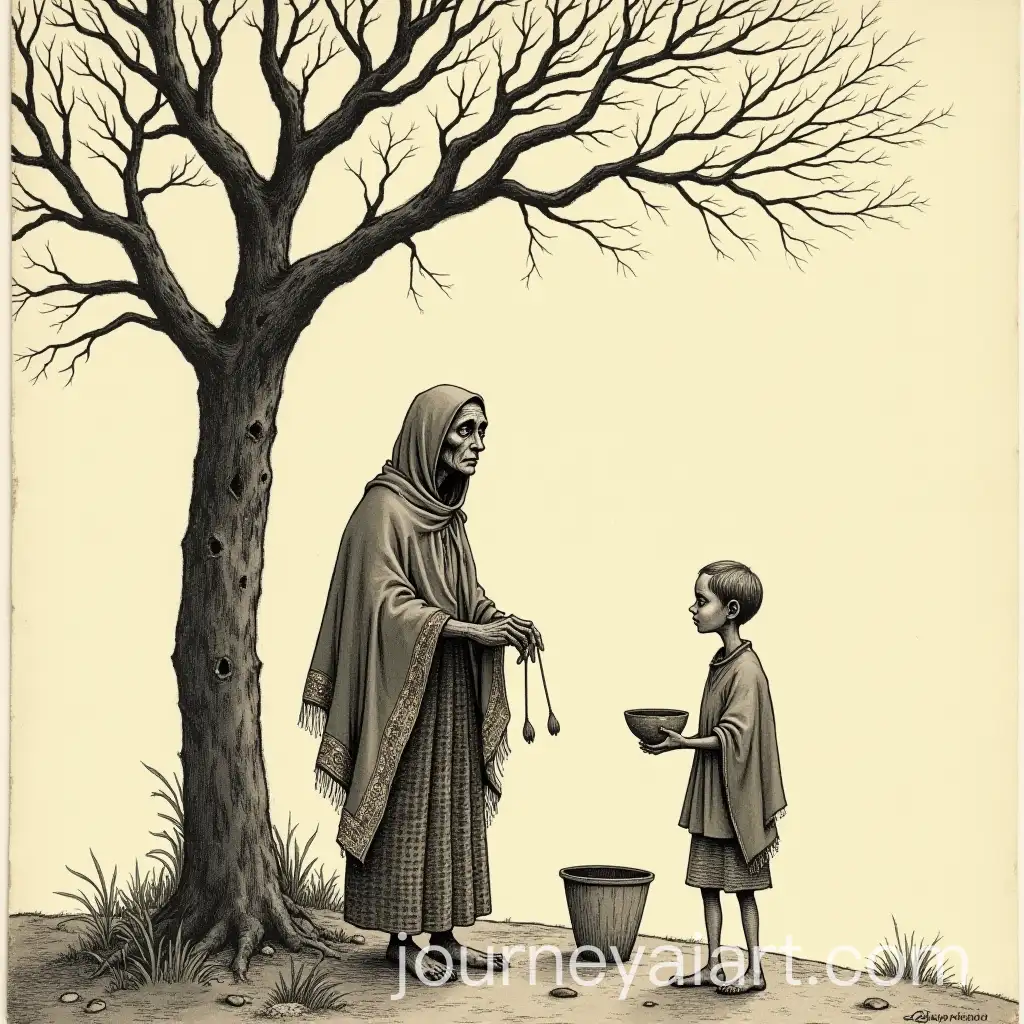 Gaunt-Blind-Woman-and-Her-Frail-Son-Under-Leafless-Tree-in-Edward-Gorey-Style