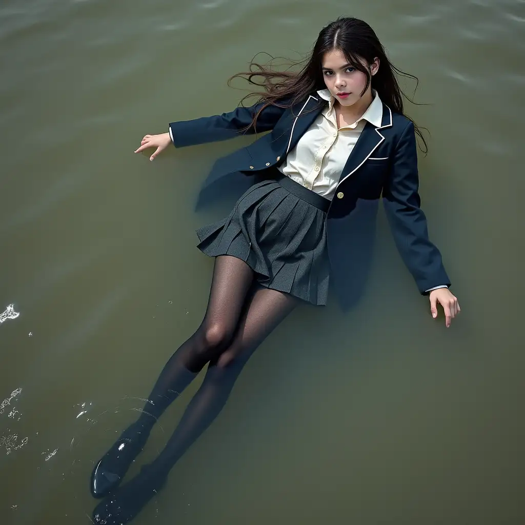 Schoolgirl in school uniform, with skirt, blazer, blouse, dark tights, high-heeled pumps. Swims in a dirty pond, clothing completely wet, no dry spots on the clothes, under water, lies completely in the water, wet clothes stick to the body, submerged in water.