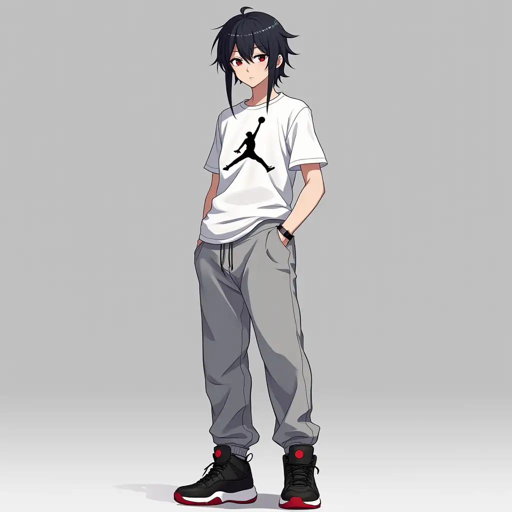 an anime  character wearing a white t shirt black jordans grey sweatpants 