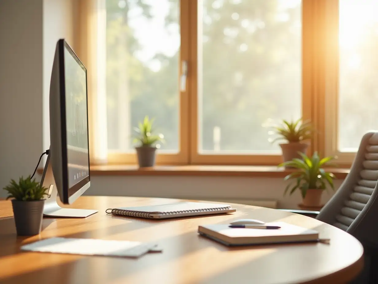 Desktop background for video conferencing showing a nice office room. Sunlight shines through windows. Wooden furniture and white walls.