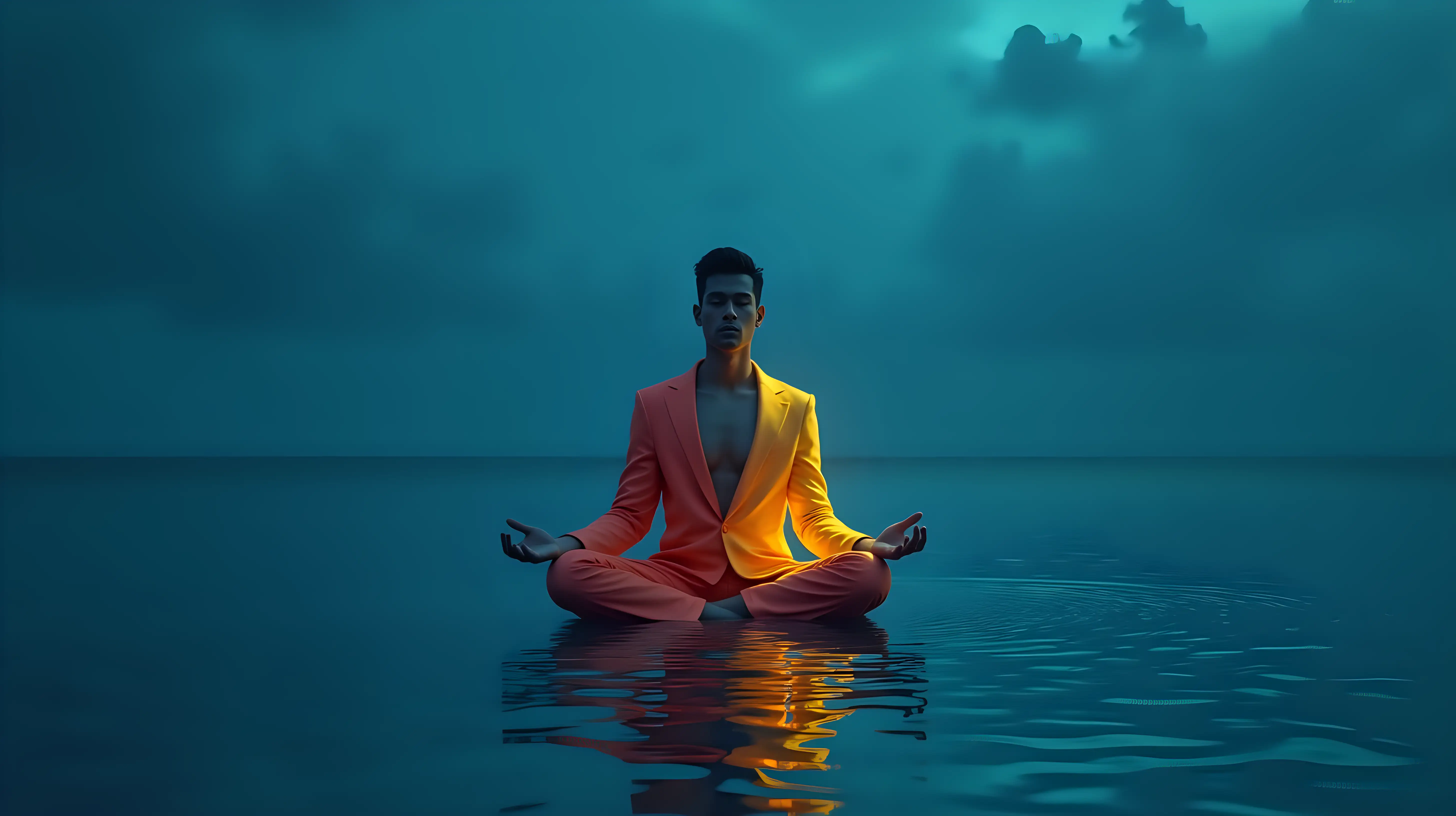 Meditating Merman in Midnight Ocean with Digital Light Dress