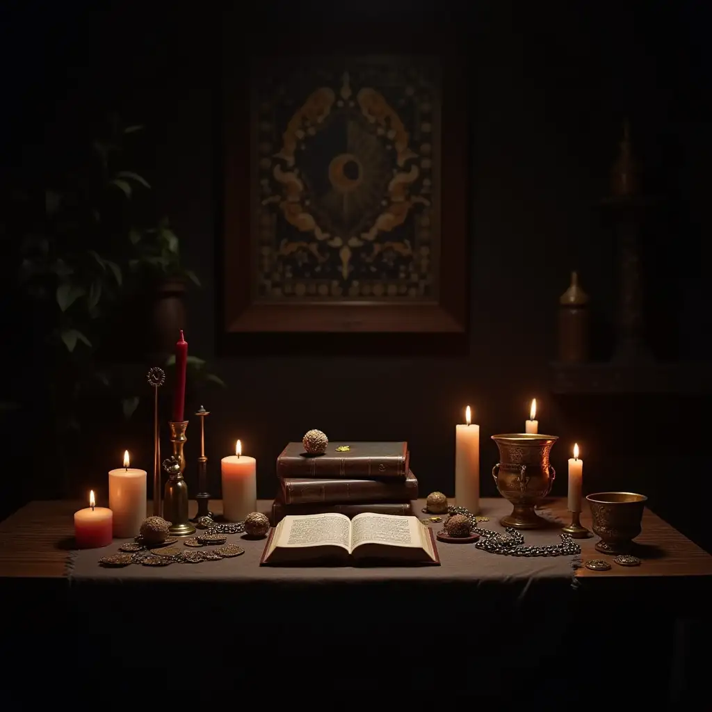 a room in dark tones, candles, a book of magic on the backdrop, a table with magical cards and pendulums, cups and amulets