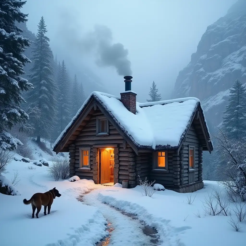 A small cabin located in a canyon pass, a thatched roof covered with snow, the door is open, and there is a warm atmosphere inside with lights, a dog playing in the snow in front, a misty, cold atmosphere with smoke rising from the chimney