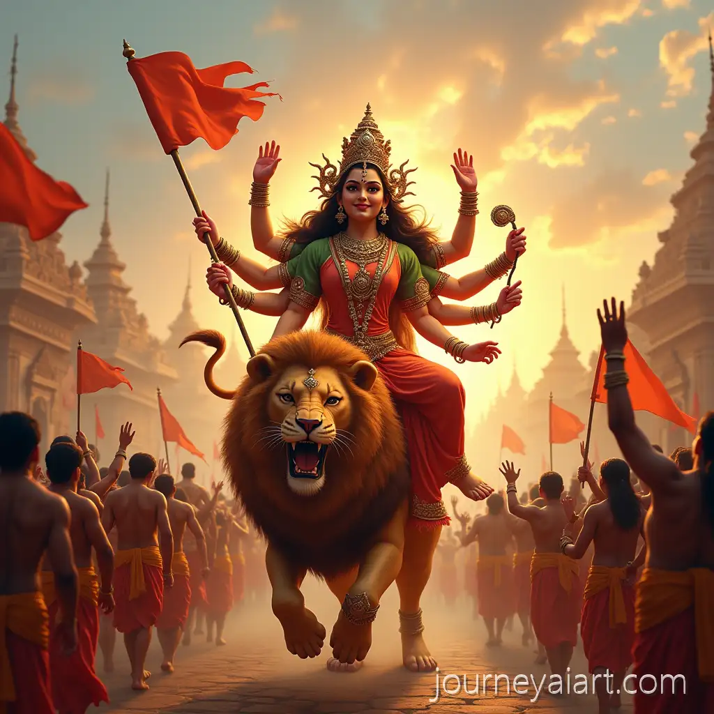 GAI-Image-Prompt-Expansionoddess-Durga-Seated-on-Roaring-Lion-with-Devotees-Dancing-and-Marching-to-Temple