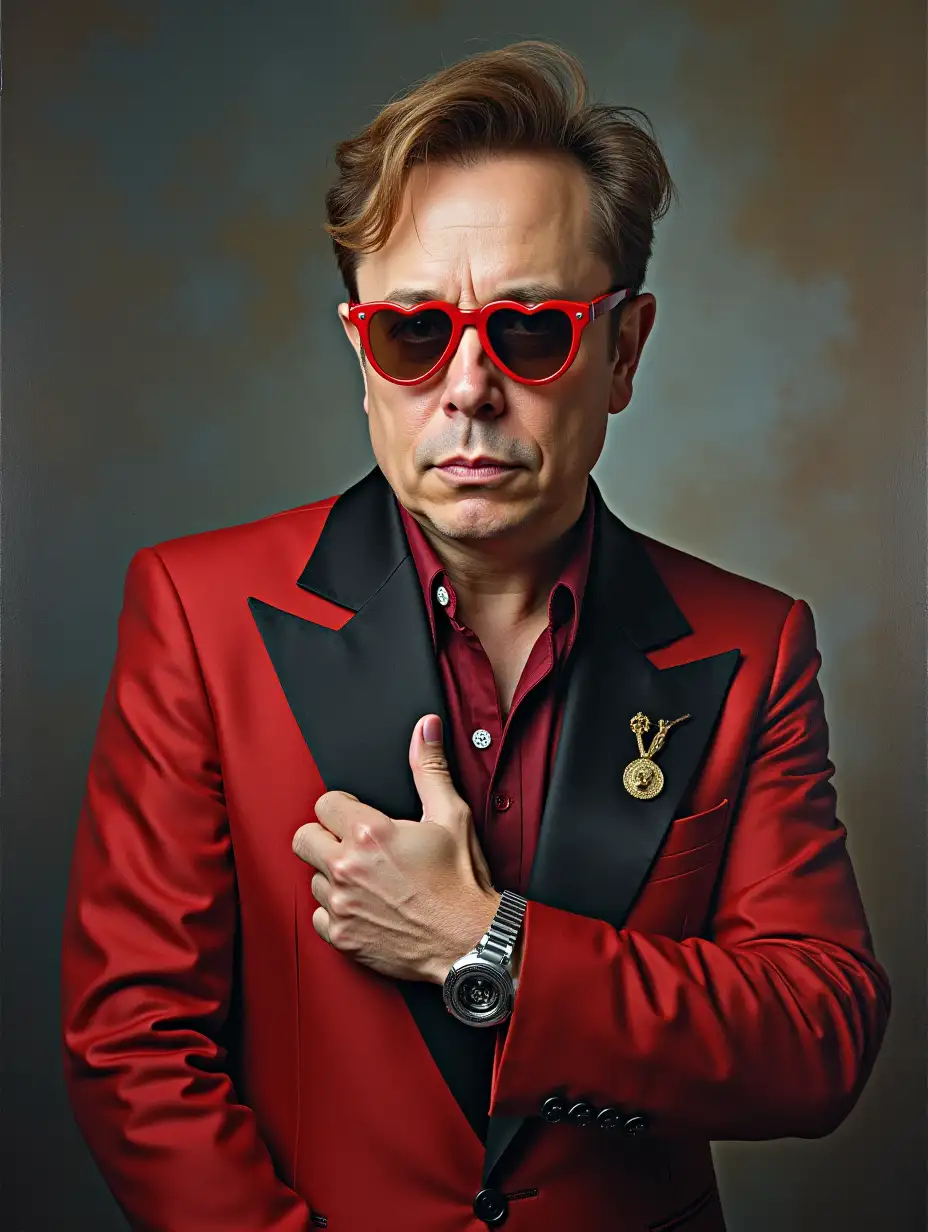 In this extraordinary hyperrealist painting, Elon Musk is dressed up as Elton John