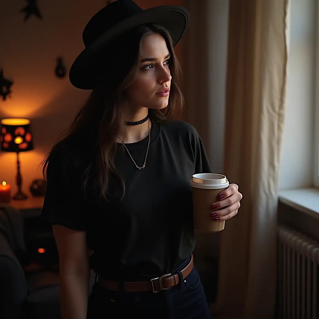 Gothic Female Model Holding Coffee Mug in Halloween Decorated Living Room