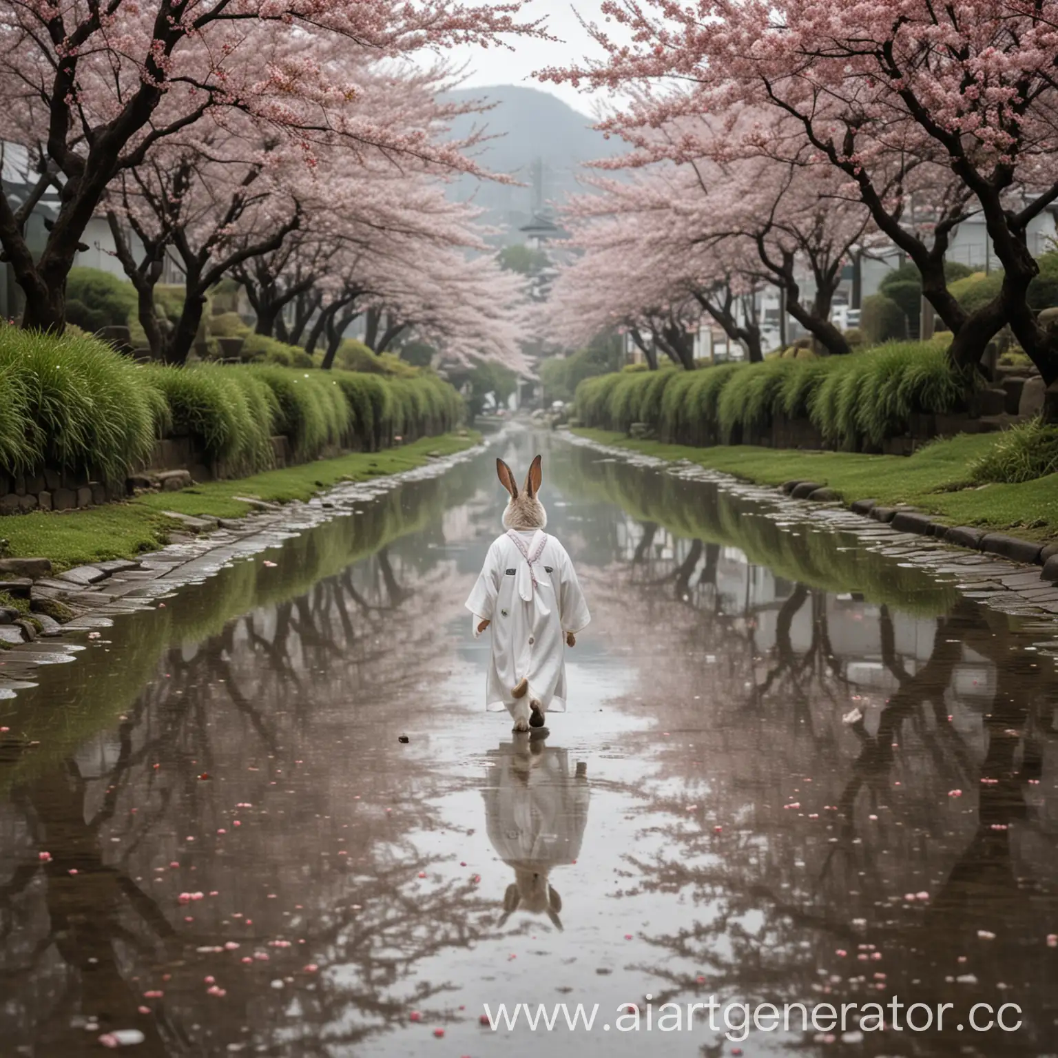 Rabbit-in-Taoist-Robe-Walking-on-Misty-Stone-Street-with-Cherry-Blossoms-and-Willow-Trees