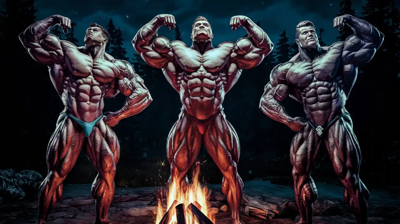 Three powerfully muscled, hugely ripped, pumped musclegod bodybuilders stand around a campfire at night, flexing their muscles reverently. 26 years old. Photorealistic.