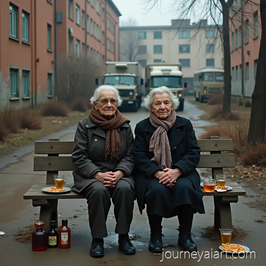 Two-Elderly-Grandmothers-Sitting-on-a-Bench-in-a-Soviet-Courtyard-with-Remnants-of-a-Feast