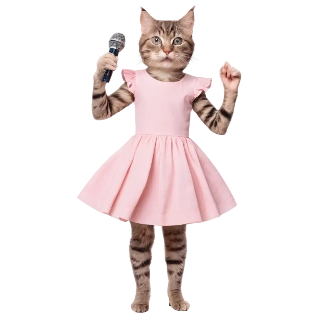 Realistic-Cat-in-Pink-Dress-PNG-Singing-with-Microphone-Full-Pose-and-FrontFacing-View