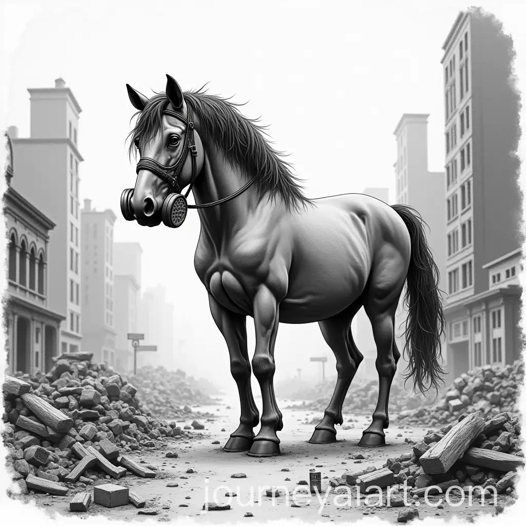 Horse-Wearing-Gas-Mask-Amidst-PostApocalyptic-City-Ruins