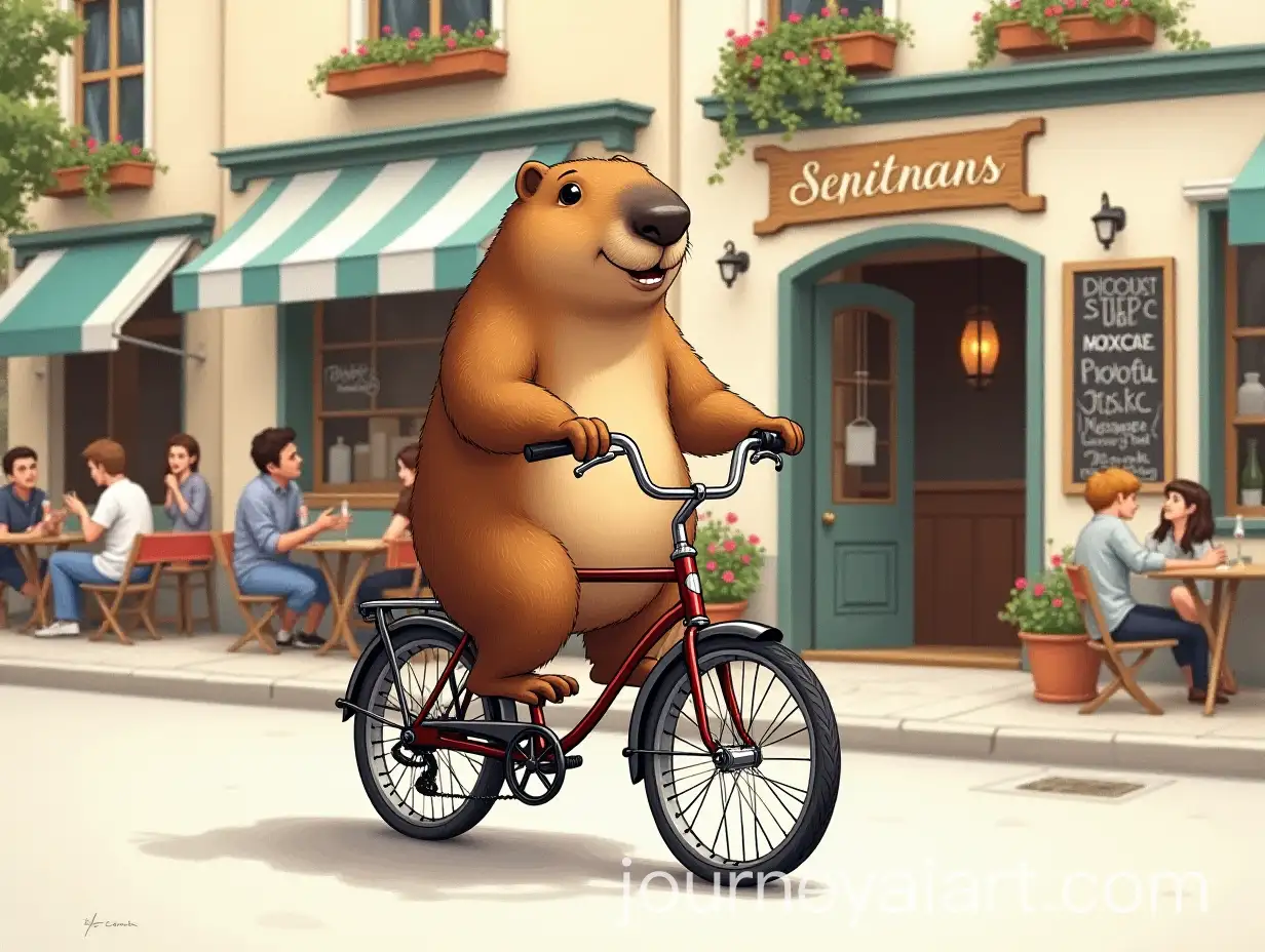 Capybara-Riding-Vintage-Bicycle-Outside-Quaint-Restaurant