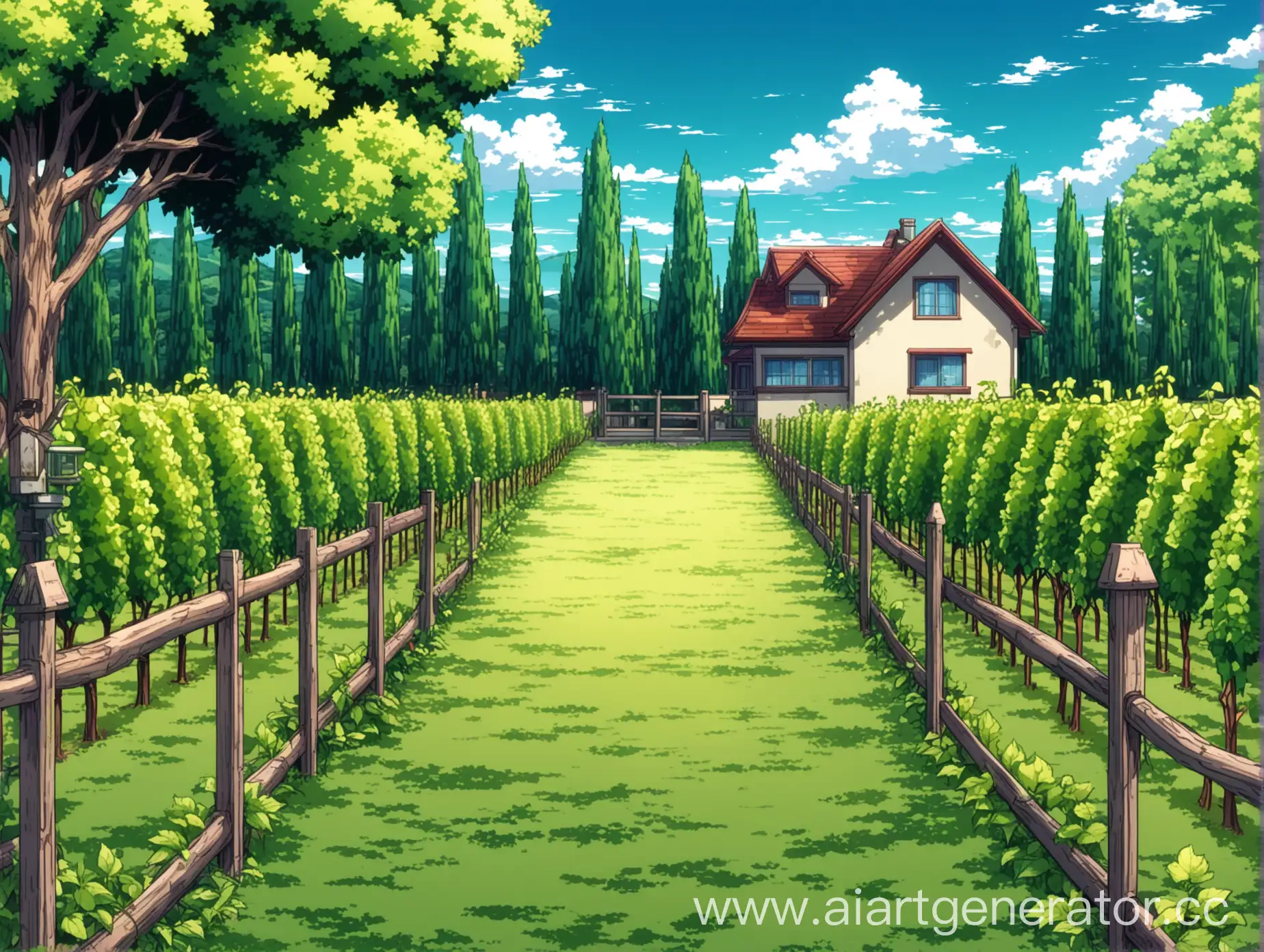 background of trees, one-story house, garden, in the foreground fence, on the sides vineyard plants. anime style