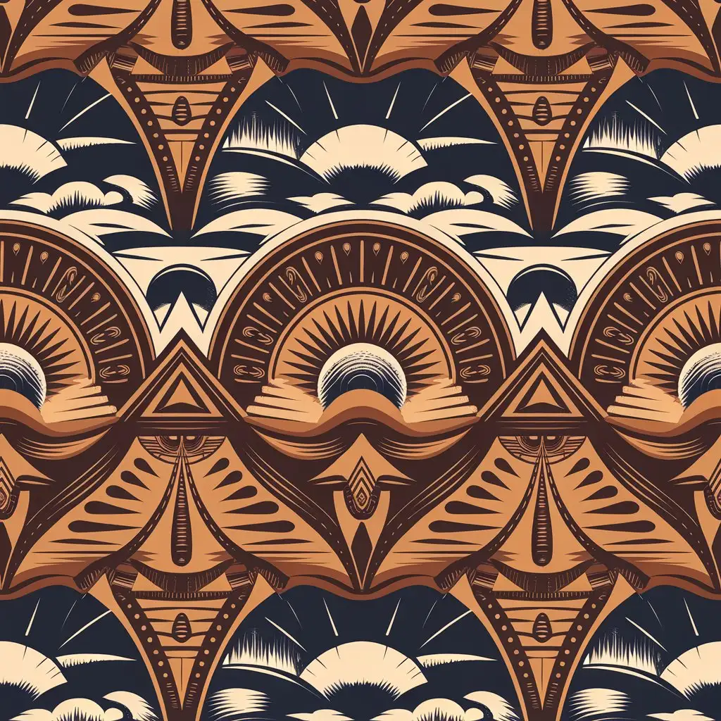 African-Landscape-Seamless-Pattern-Copper-and-Bronze-Earthy-Tones-with-Rising-Sun-and-Blue-Skies