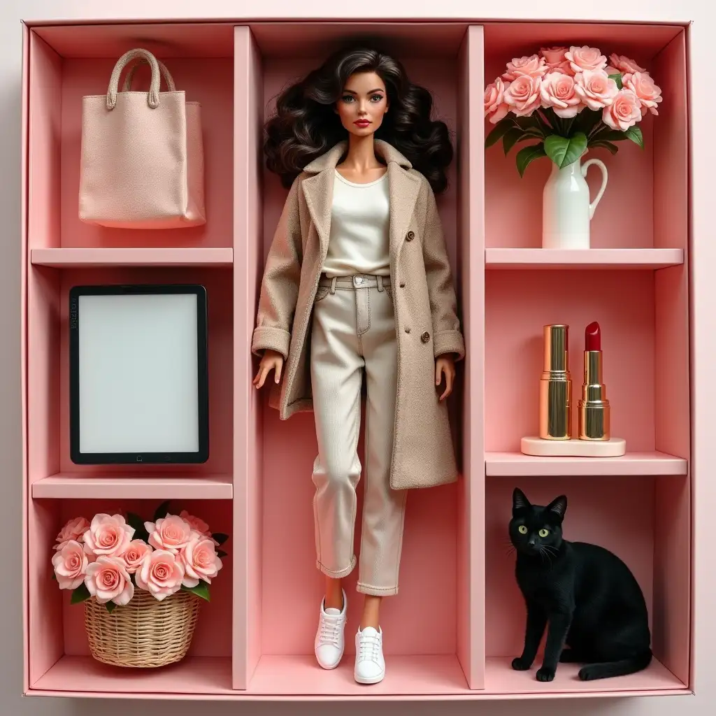 Create a collectible action figure of a human - like an expensive toy in packaging. Accessories inside the box:rArranged next to the doll by their places in separate cells: ipad, bags with purchases, clarins lipsticks, basket of flowers, black cat. Accessories - maximally realistic and detailed mini-versions.