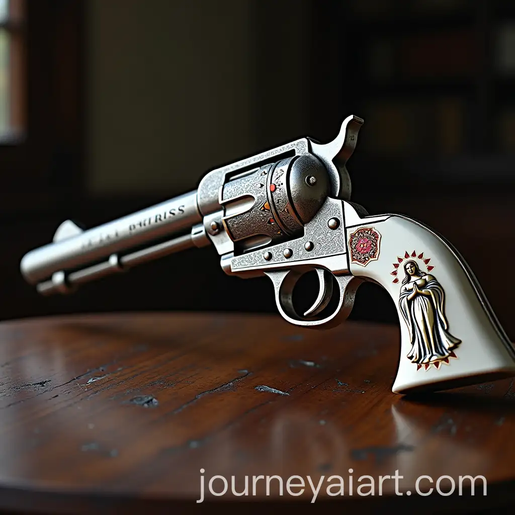 Vintage-Revolver-with-Long-Barrel-and-Saint-Lady-Figure