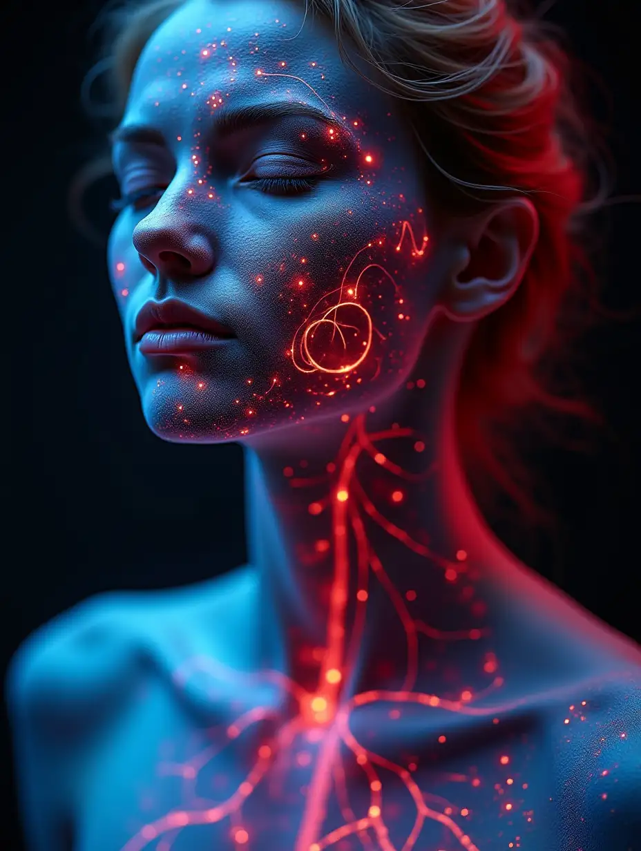 The red and blue substances in the blood vessel cover the female body, which can symbolize the close relationship between people and the force of life in nature, and the external work of the circulatory system in our body. professional shot Sony A7, 50mm lens, 4k