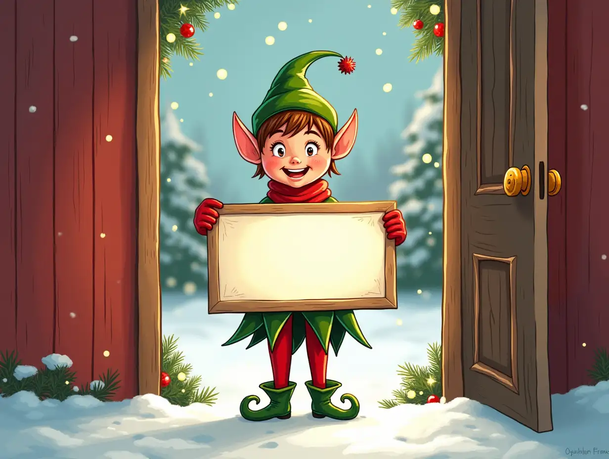 Create a hand-drawn, cartoon-style illustration from the point of view of someone opening a door to see a cheerful elf standing outside. The elf is holding a blank festive banner or sign, ready for custom text or a logo to be added. The elf is dressed in a traditional green and red outfit with a pointed hat, smiling warmly. The doorframe is visible from the inside, with subtle holiday decorations like garlands or string lights around it. Snow is gently falling outside, and the scene captures a cozy, magical holiday atmosphere with warm, vibrant colors like red, green, and gold.