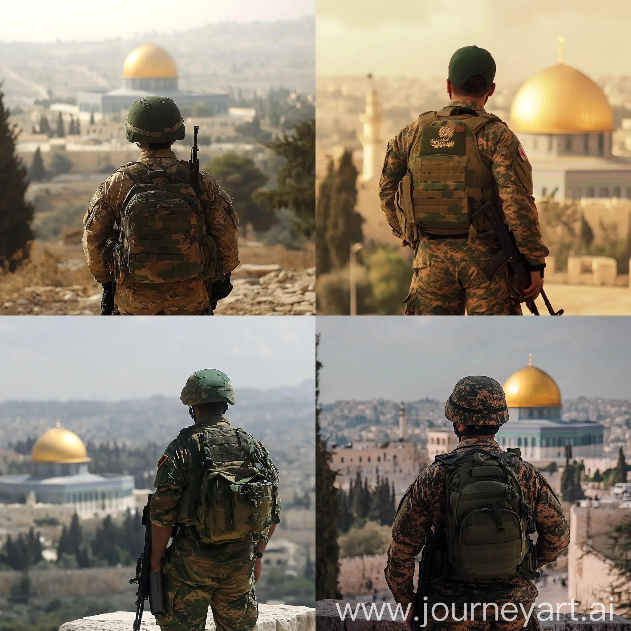 Hezbollah-Soldier-in-Camo-Flag-Uniform-with-Dome-of-the-Rock-Mosque-in-Palestine