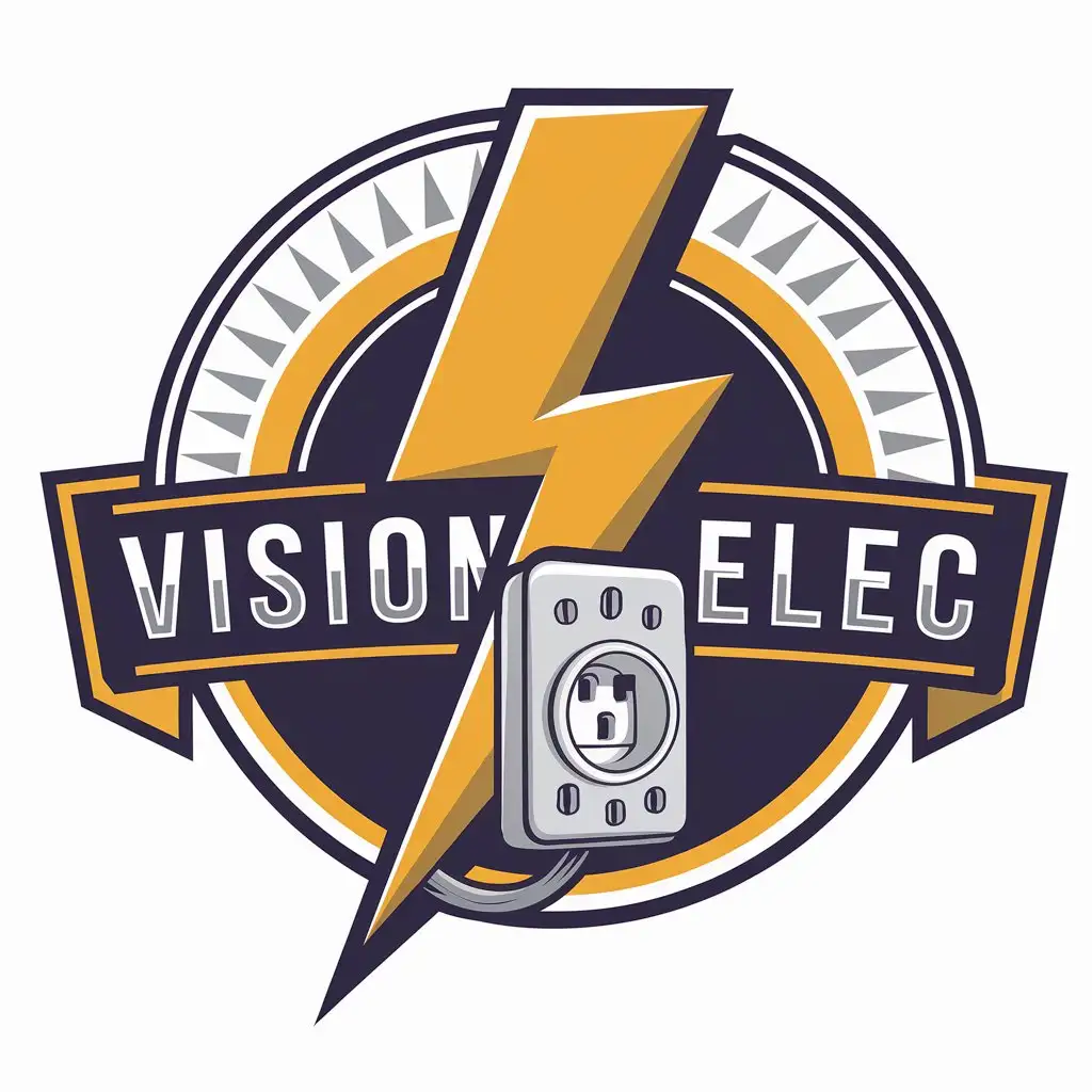 a vector logo design,with the text "Vision Elec", main symbol:A lightening and an electrical outlet with its wire,Moderate,be used in Construction industry,clear background