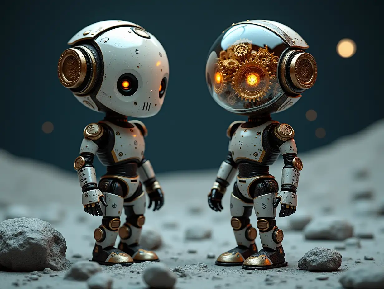 Create a high-resolution, realistic image of artificial intelligence Robert, two meters and a robot one meter high, with gears on arms and legs, gears on cheeks and a glass head with visible gold plating brain, screws with many gears, on the moon at 4k resolution