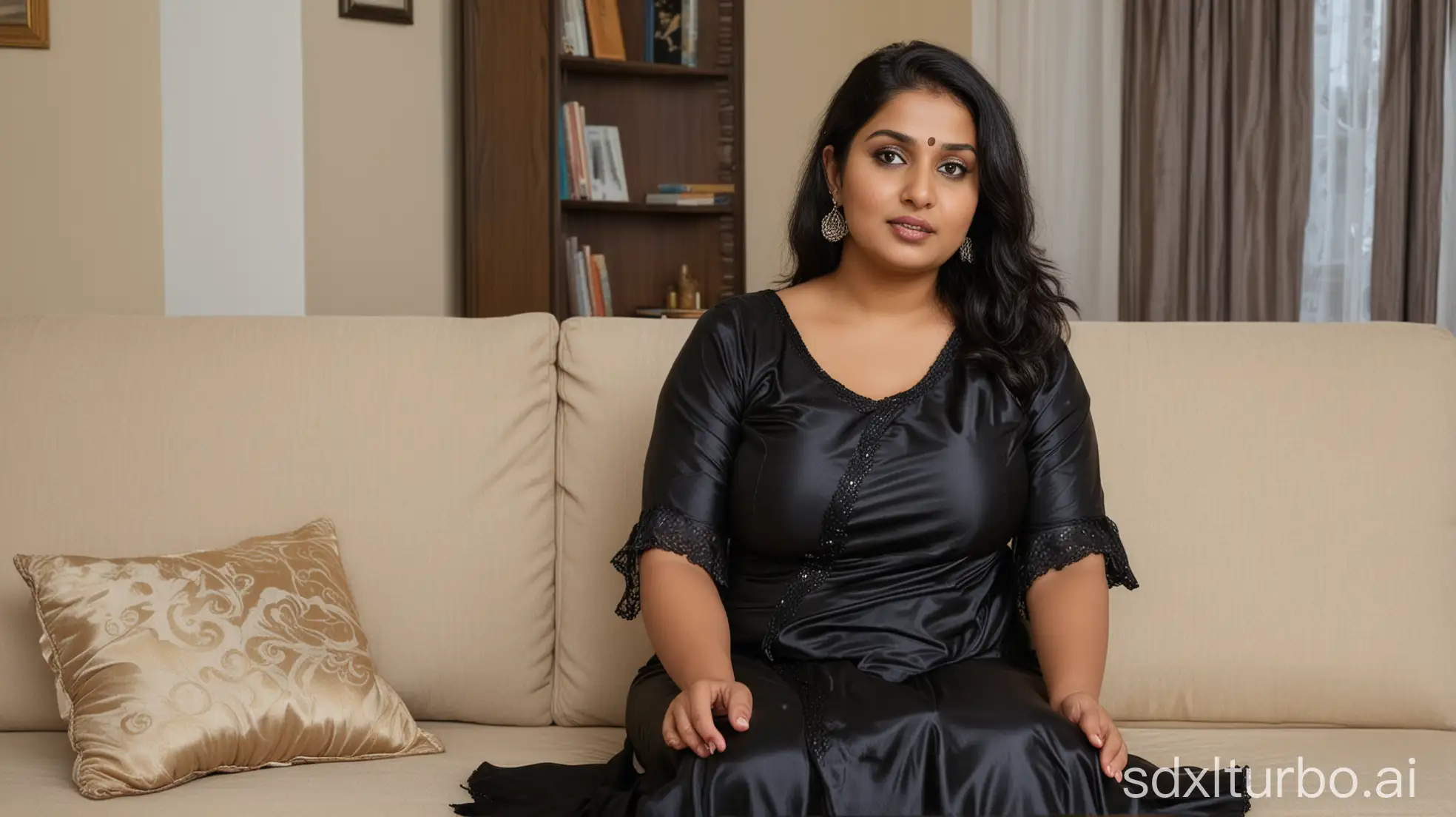 Chubby-39YearOld-Indian-Woman-in-Black-Silk-Burkha-Sitting-on-Sofa-Explaining-Chaotic-Situation