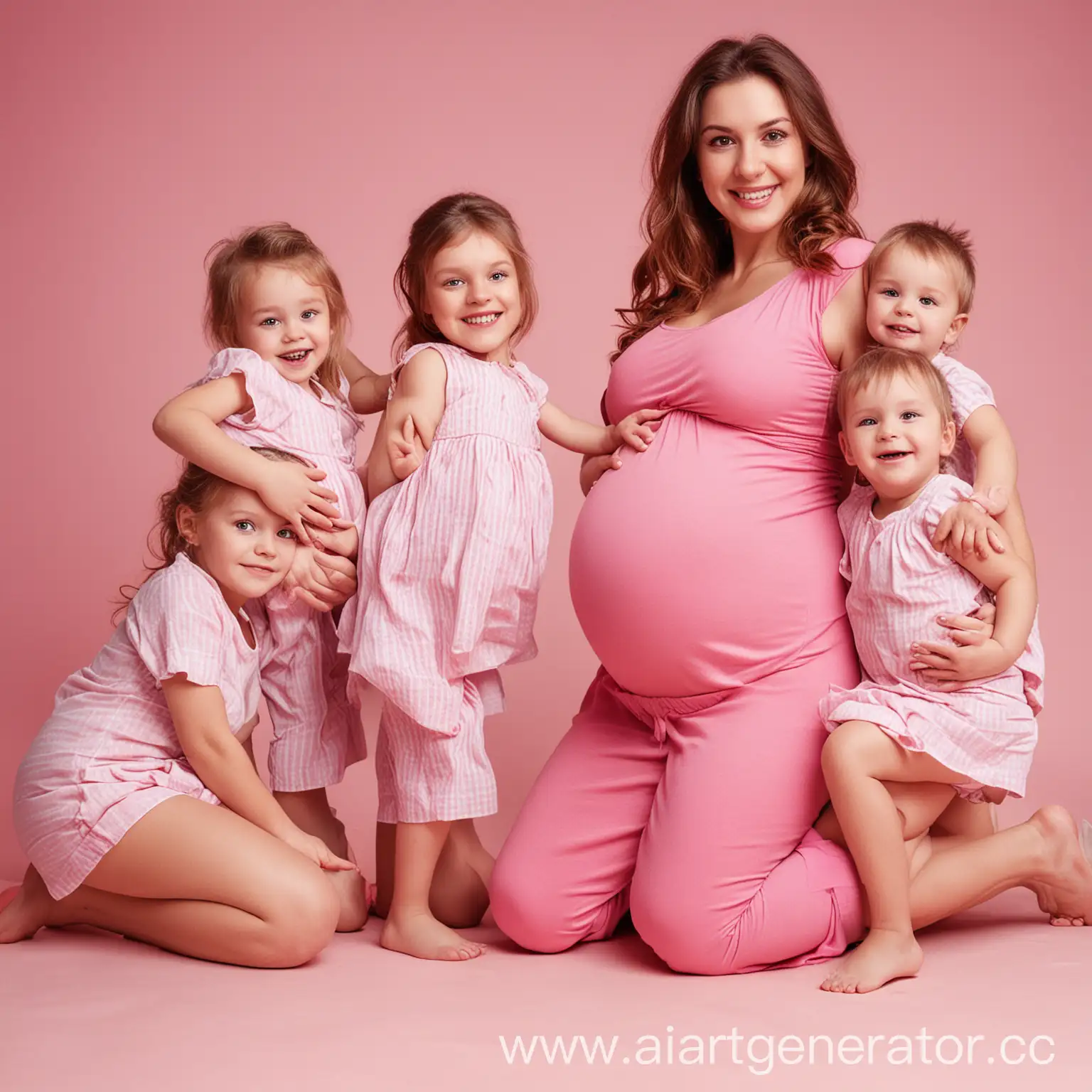 Pregnant-Happy-Woman-with-Children-in-Pink-Shades