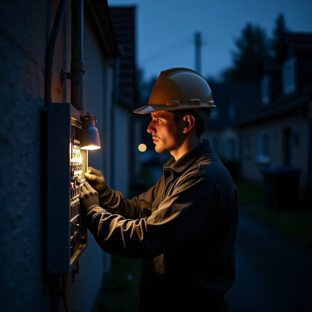 Electrician-Restoring-Power-in-a-Darkened-Neighborhood