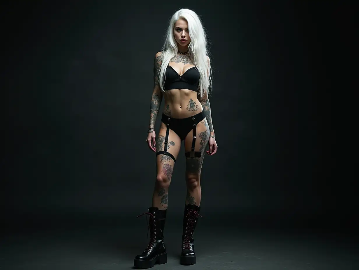 Depiction of a beautiful white woman with tattoos and long mixed white-black hair in a futuristic style and laced boots, Blurry black background (120mm) shot poster