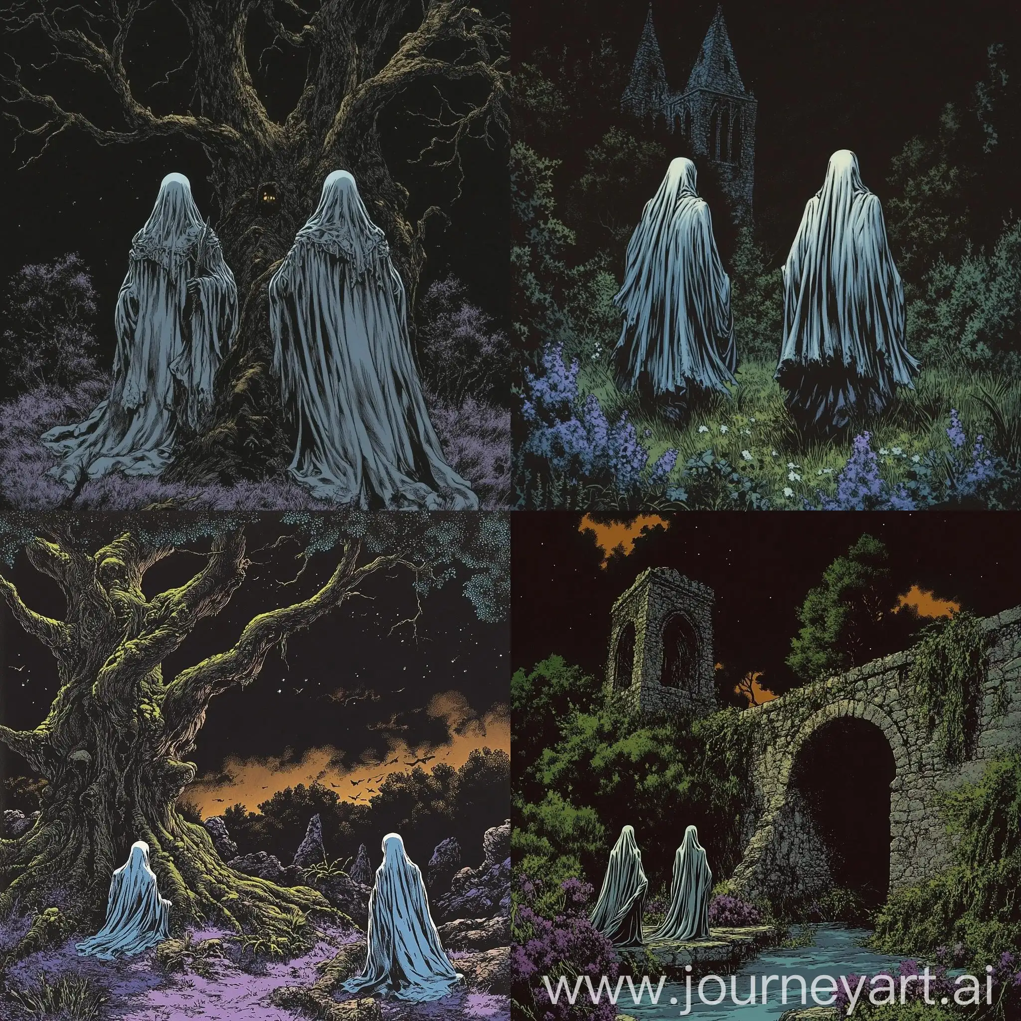 80s-Retro-Dark-Fantasy-Comic-Cover-Featuring-Ghosts-in-Creepy-Purple-Forest