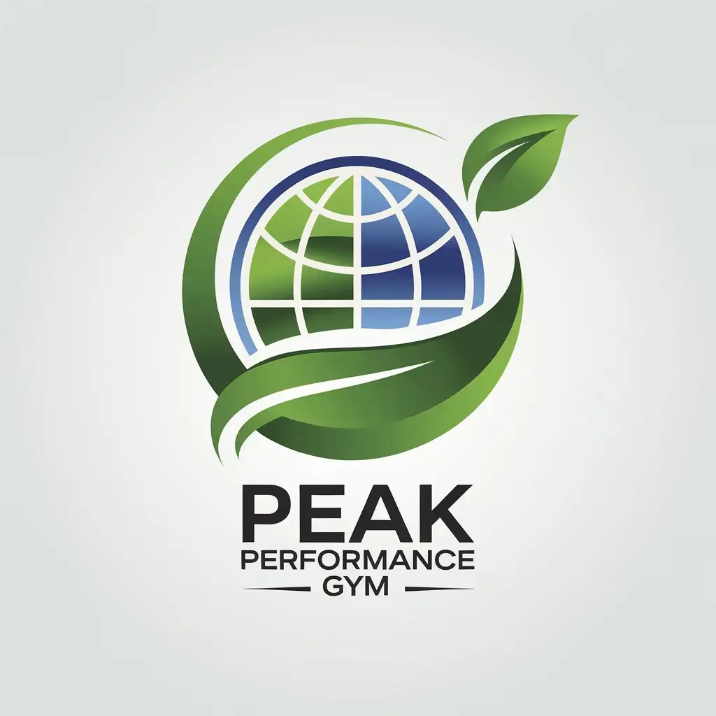 LOGO Design for Peak Performance Gym Green Eco Circle Leaf Globe with Blue Green and White Theme