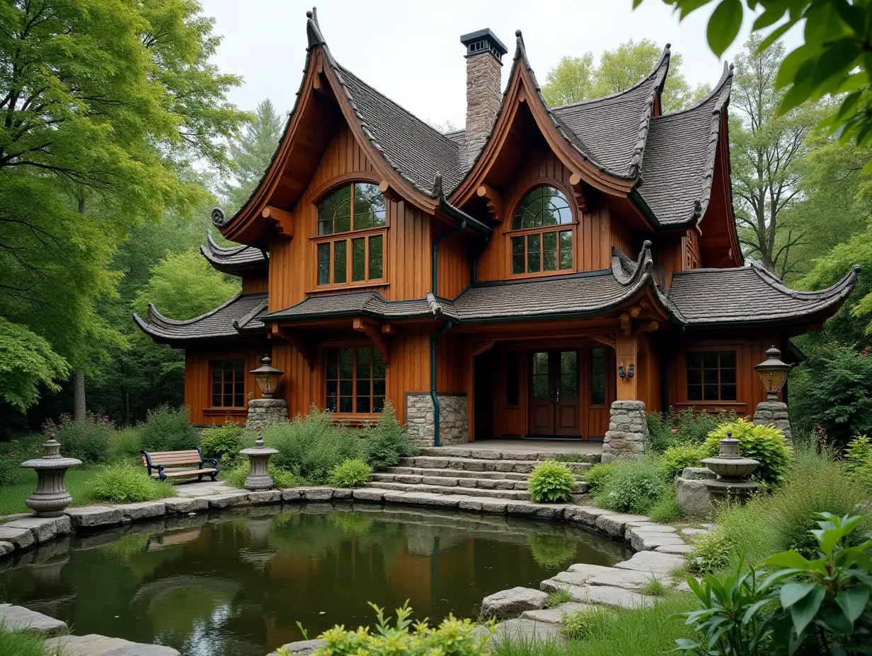 crooked house pond in the garden  Wood-Holz ornamentation in the form of,large windows with glass to, curved, smooth window shapes, winding large entrance steps of marble Complex twisted Roof,Lanterns,Bench Apple tree 4K resolution Colorful superWide-angle shots