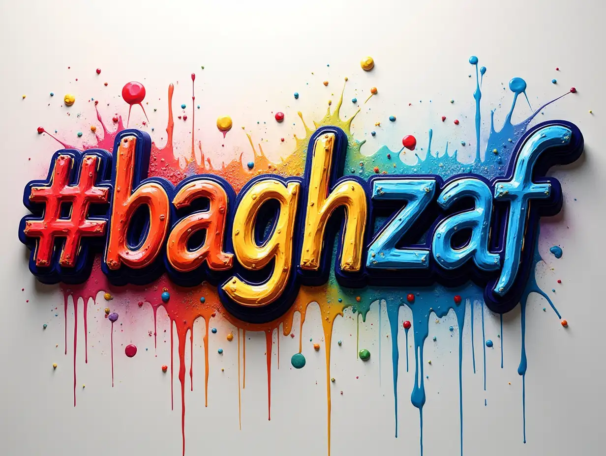 Typography '#baghzaf', 'AI Music' Acrylic 3D Paint.Colorful.8k. Ultra high definition.The creator's signature, 'mohsen abdallah', is placed at the bottom right corner, perfectly readable