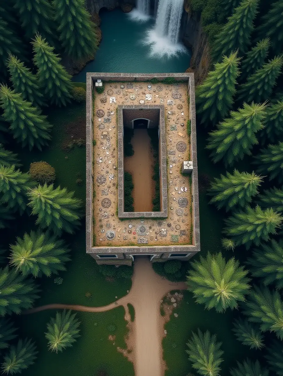 Top-down image of a rectangular building with no windows covered in magic runes and a dirt road leading up to it. It is in the middle of an evergreen forest and there is a small waterfall.