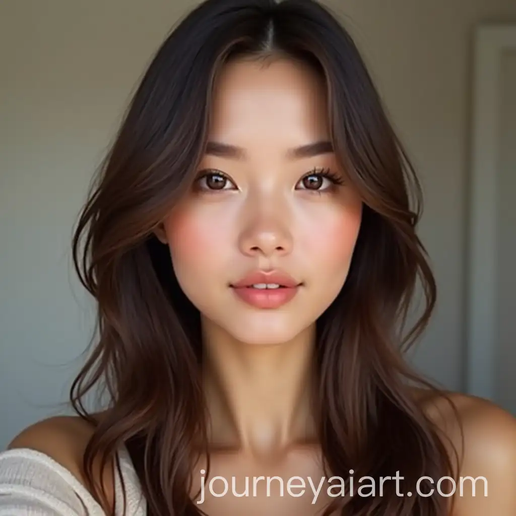 Young-Woman-with-Straight-Brown-Hair-Taking-a-Selfie-on-Bed