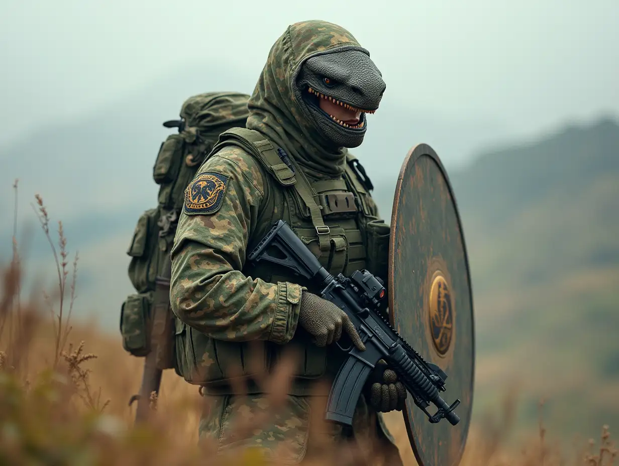 a snake person in full military camouflage with shield,rifle,on a hill