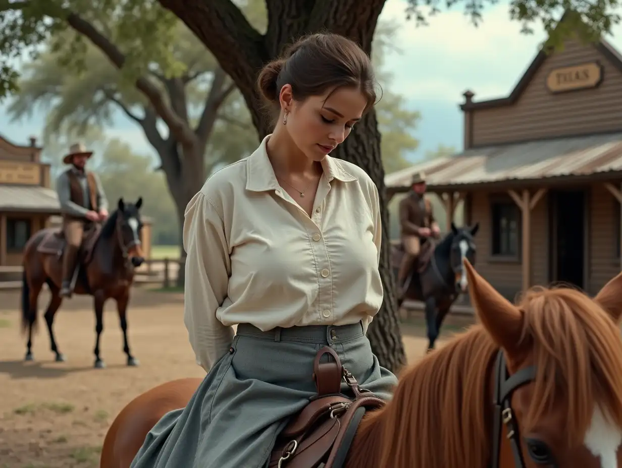 Young Woman Sitting on Horse in Old Western Village