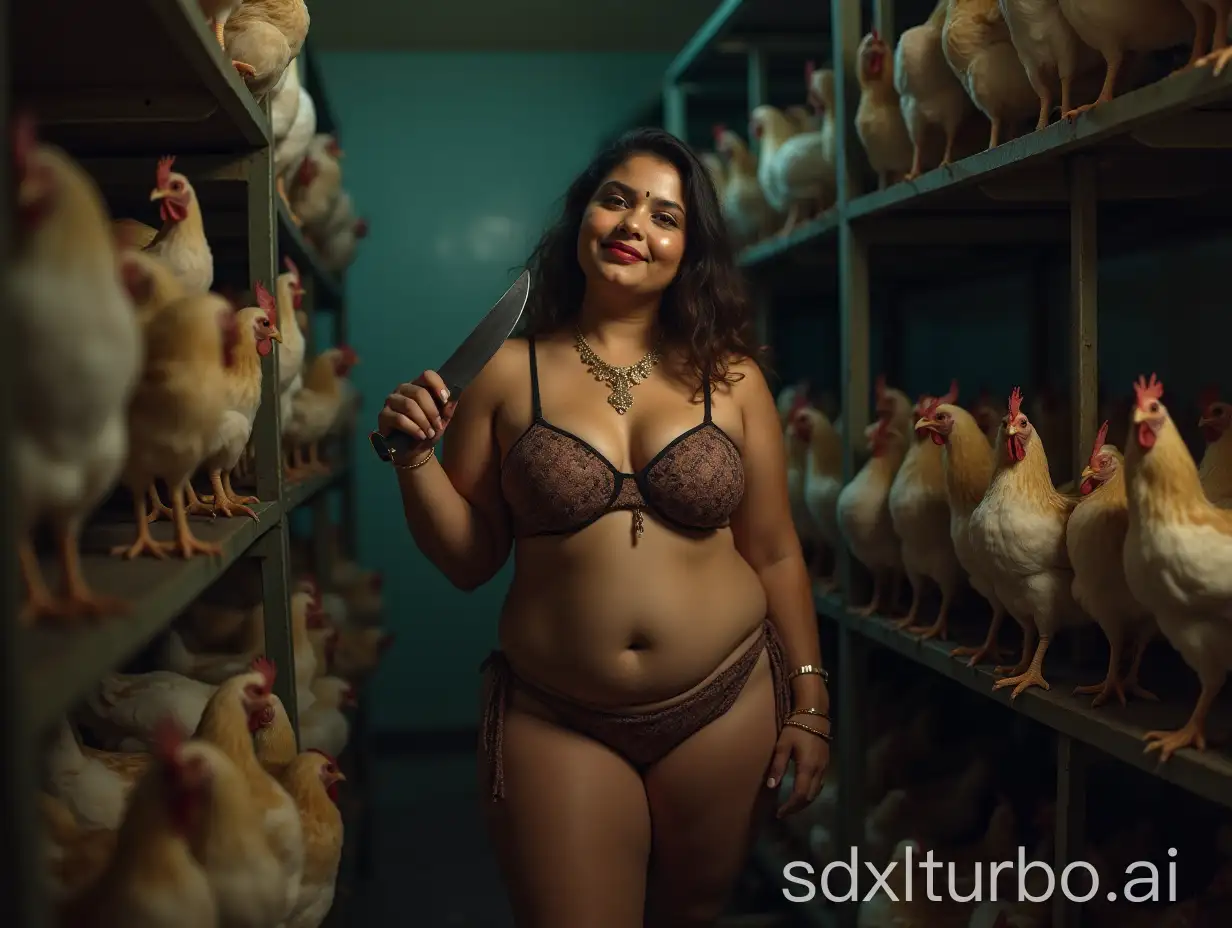 Indian-Woman-in-Bikini-with-Knife-Amidst-Caged-Chickens-in-Cold-Storage