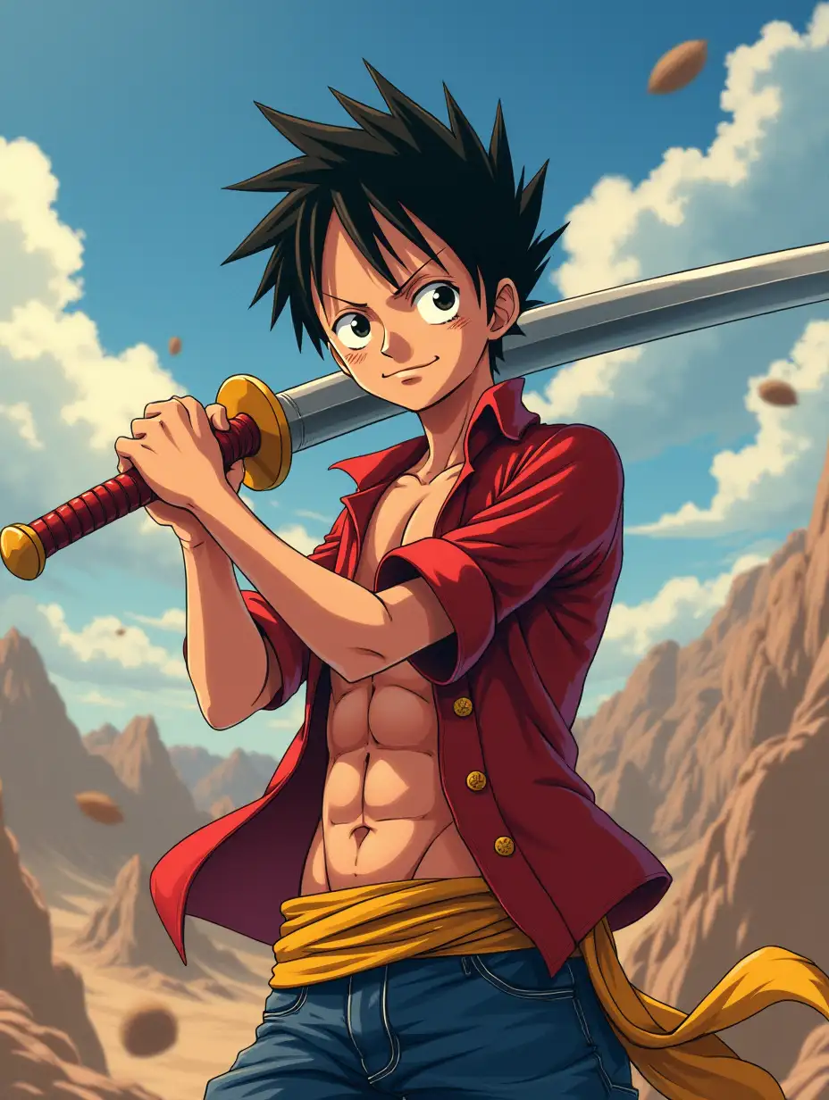 Make a picture of “luffy” in the anime “one piece” with the sword