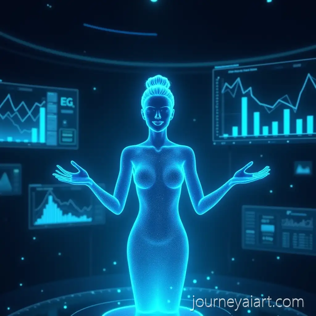 Futuristic-Holographic-Female-Presenter-in-Cyberpunk-SciFi-Control-Room-with-Interactive-Data-Screens