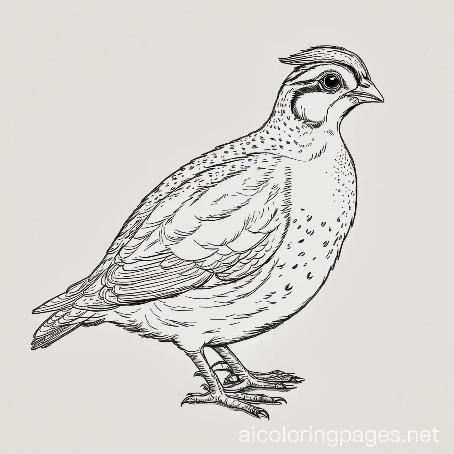 Quail, Coloring Page, black and white, line art, white background, Simplicity, Ample White Space. The background of the coloring page is plain white to make it easy for young children to color within the lines. The outlines of all the subjects are easy to distinguish, making it simple for kids to color without too much difficulty